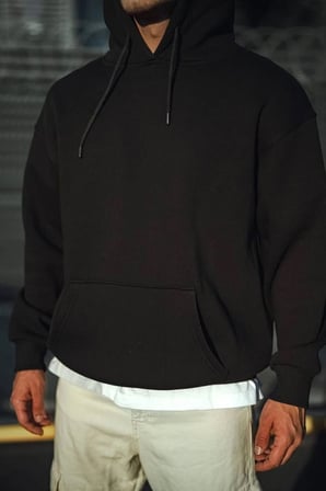 Erkek  İplik Pamuklu Kapüşonlu Basic SweatShirt Hoodie - Siyah
