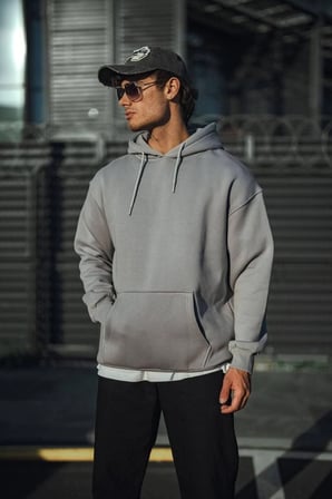Erkek  İplik Penye Kapüşonlu Basic SweatShirt Hoodie - Boyalı Gri
