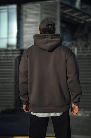 Erkek  İplik Pamuklu Kapüşonlu Basic SweatShirt Hoodie - Füme