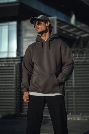Erkek  İplik Pamuklu Kapüşonlu Basic SweatShirt Hoodie - Füme