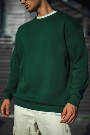 Erkek Bisiklet Yaka 3 İplik Pamuklu Basic SweatShirt - Haki