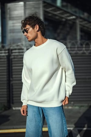 Erkek  Bisiklet Yaka  İplik Pamuklu Basic SweatShirt - Beyaz
