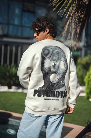 Erkek  iplik pamuklu Kışlık Bisiklet Yaka Baskılı SweatShirt - Beyaz