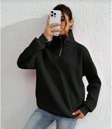 Kadın  iplik Pamuklu Uzun Kol Yarım Farmuarlı Yakalı SweatShirt - Siyah