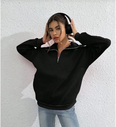 Kadın  iplik Pamuklu Uzun Kol Yarım Farmuarlı Yakalı SweatShirt - Siyah