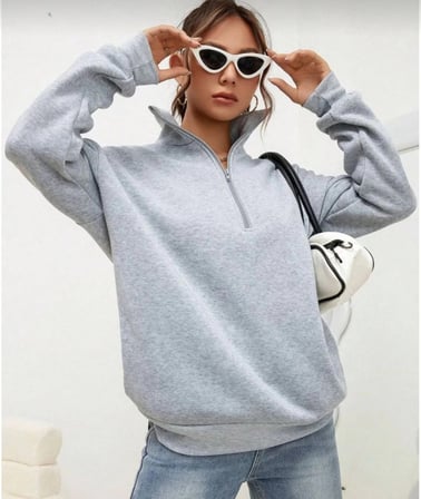 Kadın  iplik Pamuklu Uzun Kol Yarım Farmuarlı Yakalı  SweatShirt - Gri