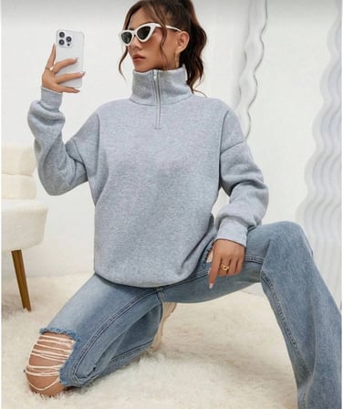 Kadın  iplik Pamuklu Uzun Kol Yarım Farmuarlı Yakalı  SweatShirt - Gri