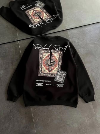 Kadın Bisiklet Yaka Kilim Halı Baskılı  İplik Pamuklu Sweatshirt - Siyah