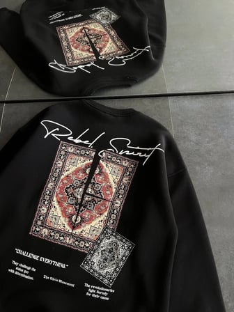 Kadın Bisiklet Yaka Kilim Halı Baskılı  İplik Pamuklu Sweatshirt - Siyah
