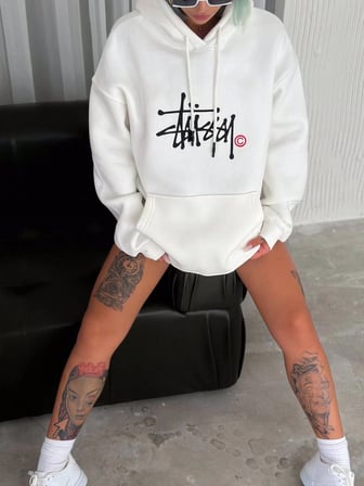 Kadın Oversize Kapüşonlu Cepli Baskılı  İplik Pamuklu Hoodie Sweatshirt - Beyaz