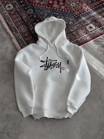 Kadın Oversize Kapüşonlu Cepli Baskılı  İplik Pamuklu Hoodie Sweatshirt - Beyaz