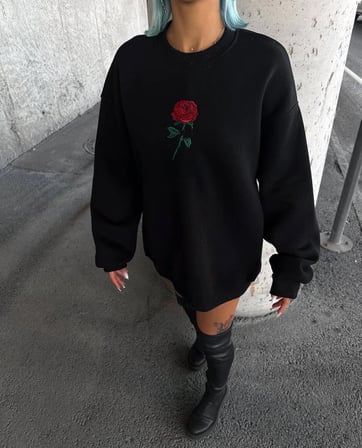 Kadın Oversize Kapüşonlu Cepli GÜL Baskılı  İplik Pamuklu Hoodie Sweatshirt - Siyah