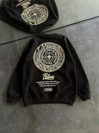 Kadın  iplik Pamuklu Bisiklet Yaka Baskılı SweatShirt - Siyah
