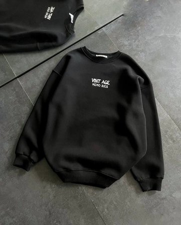 Kadın Bisiklet Yaka  İplik pamuklu Baskılı Oversize SweatShirt - Siyah