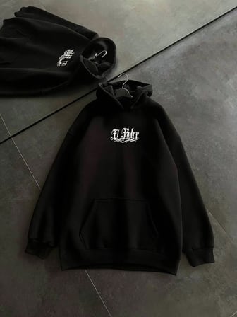 Kadın Oversize Kapüşonlu Cepli Baskılı  İplik Pamuklu Hoodie Sweatshirt - Siyah