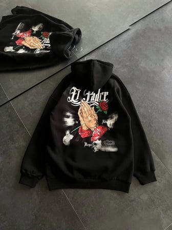 Kadın Oversize Kapüşonlu Cepli Baskılı  İplik Pamuklu Hoodie Sweatshirt - Siyah
