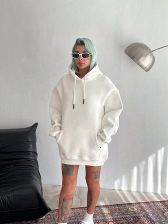 Kadın Kapüşonlu Kanguru Cepli  İplik Pamuklu Oversize Hoodie Sweatshirt - Beyaz