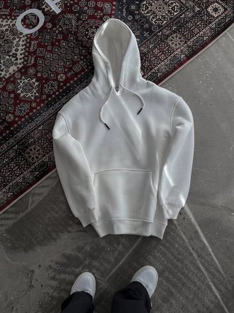 Kadın Kapüşonlu Kanguru Cepli  İplik Pamuklu Oversize Hoodie Sweatshirt - Beyaz