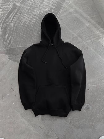 Kadın Kapüşonlu Kanguru Cepli  İplik Pamuklu Oversize Hoodie Sweatshirt - Siyah