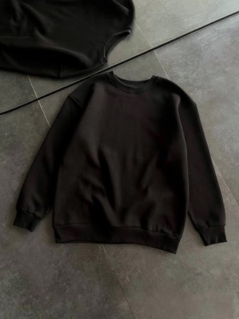 Kadın Bisiklet Yaka  İplik Pamuklu Basic SweatShirt - Siyah