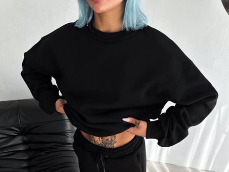 Kadın Bisiklet Yaka  İplik Pamuklu Basic SweatShirt - Siyah