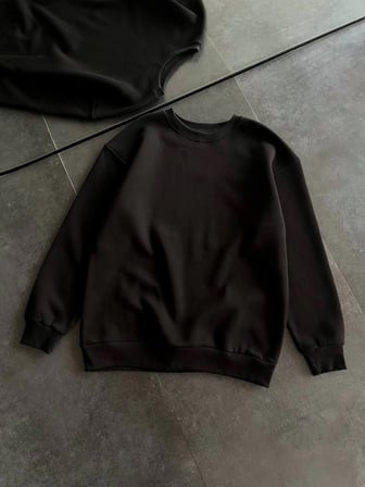 Kadın Bisiklet Yaka  İplik Pamuklu Basic SweatShirt - Siyah