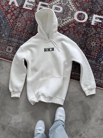 Erkek Kapüşonlu Kanguru Cepli Sweatshirt  İplik Pamuklu Baskılı Hoodie -  Beyaz