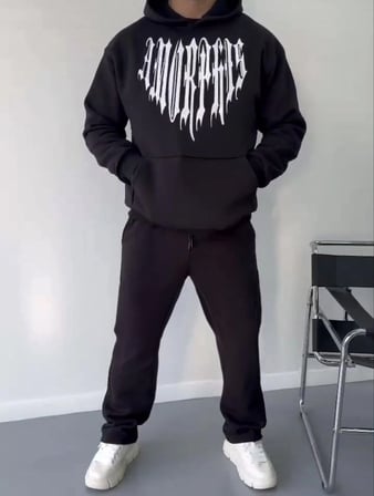 Erkek Kapüşonlu Kanguru Cepli Sweatshirt  İplik Pamuklu Baskılı Hoodie -  Siyah