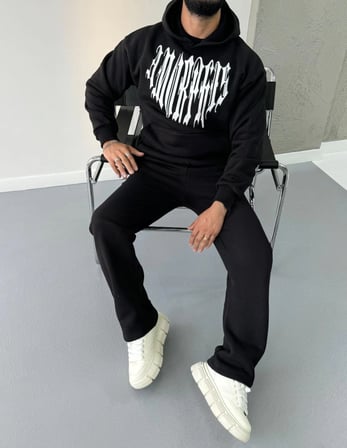 Erkek Kapüşonlu Kanguru Cepli Sweatshirt  İplik Pamuklu Baskılı Hoodie -  Siyah