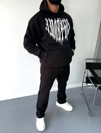 Erkek Kapüşonlu Kanguru Cepli Sweatshirt  İplik Pamuklu Baskılı Hoodie -  Siyah