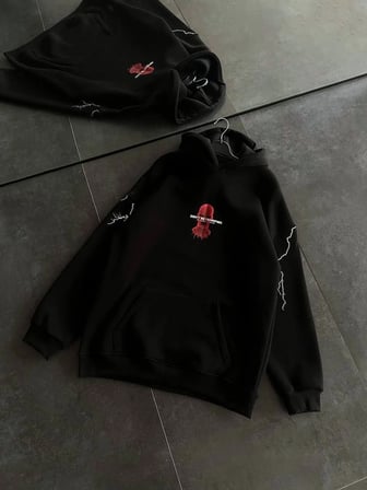 Kadın Kapüşonlu Kanguru Cepli Sweatshirt  İplik Pamuklu Baskılı Hoodie - Siyah