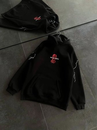 Kadın Kapüşonlu Kanguru Cepli Sweatshirt  İplik Pamuklu Baskılı Hoodie - Siyah