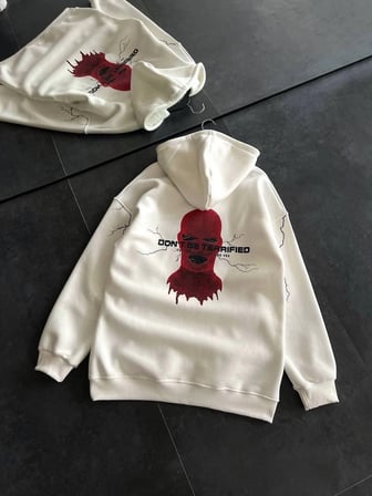 Kadın Kapüşonlu Kanguru Cepli Sweatshirt  İplik Pamuklu Baskılı Hoodie - Beyaz