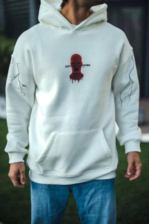 Erkek Kapüşonlu Kanguru Cepli Sweatshirt  İplik Pamuklu Baskılı Hoodie -  Beyaz