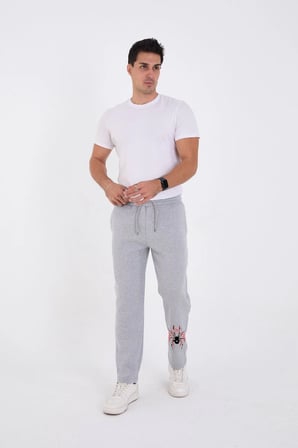 Erkek Üç İplik Baskılı Eşofman Pantolon - Gri