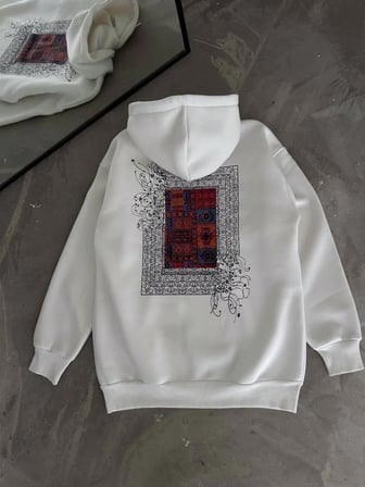Erkek Kapüşonlu Kanguru Cepli Sweatshirt  İplik Pamuklu Baskılı Hoodie - Beyaz
