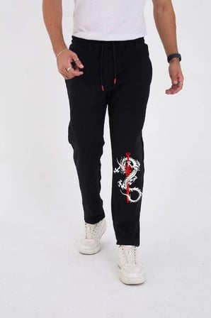 Erkek Kışlık Üç İplik Baskılı Eşofman Pantolon - Siyah