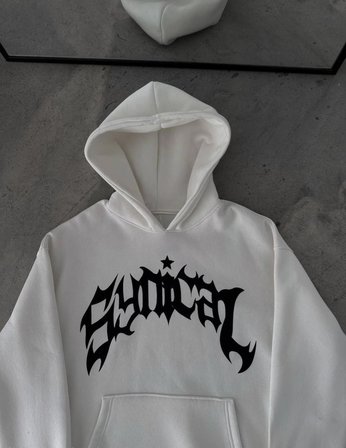 Erkek Kapüşonlu Kanguru Cepli Sweatshirt  İplik Pamuklu Baskılı Hoodie - Beyaz