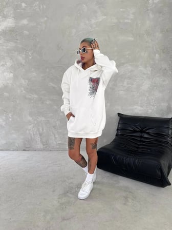 Kadın Kapüşonlu Kanguru Cepli Sweatshirt  İplik Pamuklu Baskılı Hoodie - Beyaz