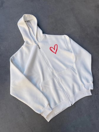 Kadın  İplik Pamuklu Fermuarlı Kapüşonlu Sweatshirt hoodie Hırka - Beyaz