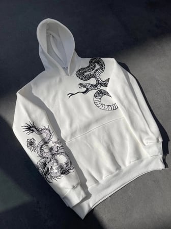 Kadın Oversize Kapüşonlu Kanguru Cepli Baskılı  İplik Pamuklu Sweatshirt Hoodie -   Beyaz