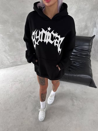 Kadın Oversize Kapüşonlu Cepli Baskılı  İplik Pamuklu Hoodie Sweatshirt - Siyah