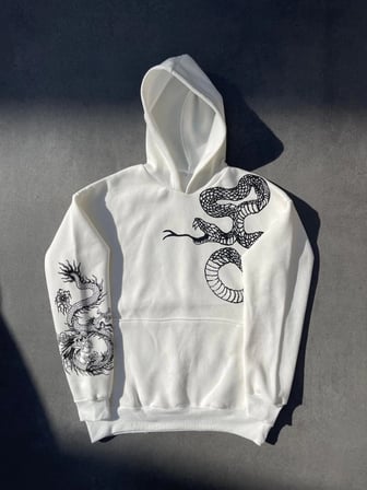Erkek  İplik Pamuklu Kapüşonlu Baskılı Cepli Oversize Sweatshirt Hoodie - Beyaz