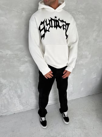 Erkek  İplik Pamuklu Kapüşonlu Baskılı Cepli Oversize Sweatshirt Hoodie - Beyaz