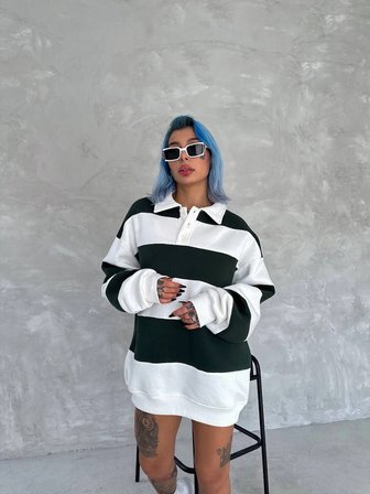 Kadın  iplik Pamuklu Parçalı Yakalı SweatShirt - Yeşil