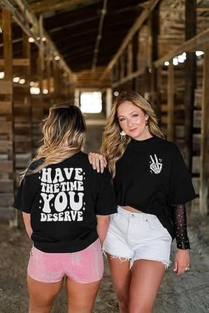 Kadın Baskılı T-Shirt Kısa Kol Bisiklet Yaka Oversize Rahat Kalıp Tişört - Siyah