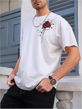Erkek Kısa Kol Yazlık Tişört Bisiklet Yaka GÜL Baskılı T-Shirt - Beyaz