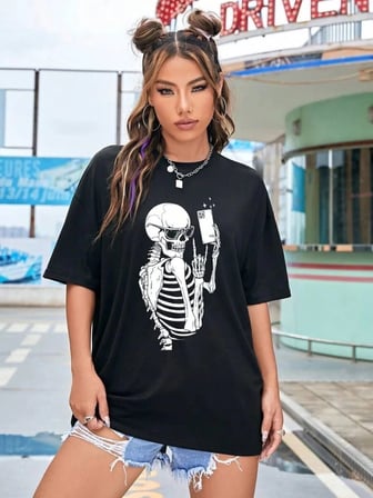 Kadın iskelet Baskılı T-Shirt Kısa Kol Bisiklet Yaka Oversize Tişört - Siyah