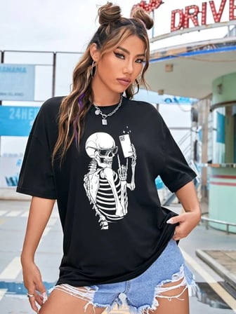 Kadın iskelet Baskılı T-Shirt Kısa Kol Bisiklet Yaka Oversize Tişört - Siyah