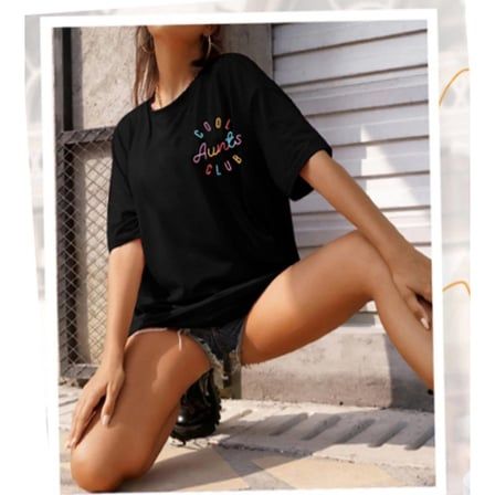 Kadın Baskılı T-Shirt Kısa Kol Bisiklet Yaka Oversize Rahat Kalıp Tişört - Siyah